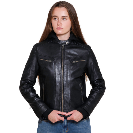 April Womens Lambskin Fashion Leather Jacket Women's New Zealand Lambskin Leather FMCo Black XS