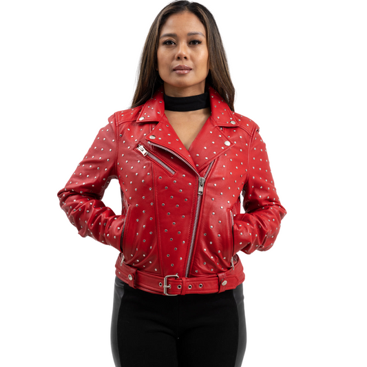 Claudia Womens Fashion Leather Jacket Women's Leather Jacket FMCo Fire Red XS