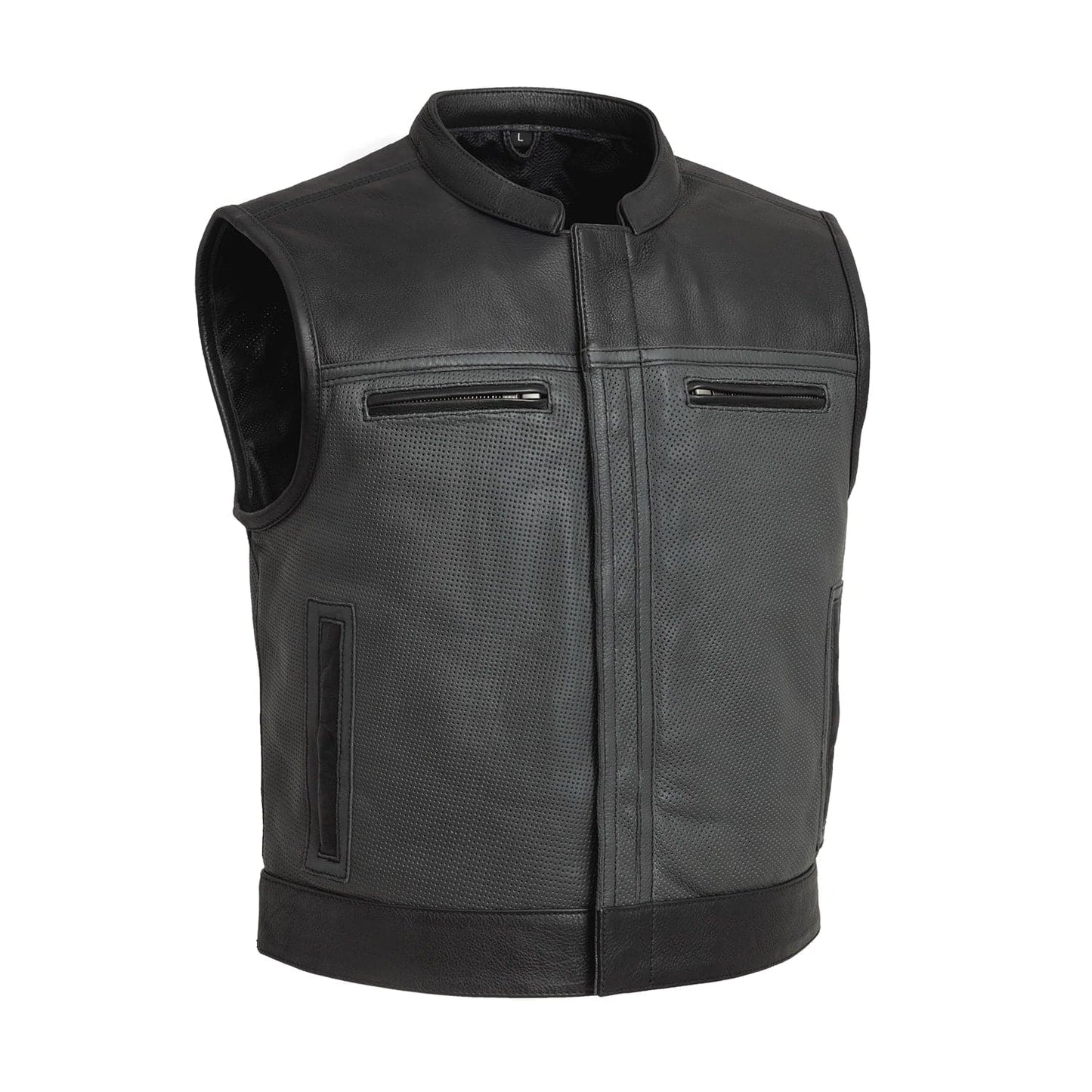 Two Tone Lowrider Perforated Men's Leather Vest Men's Perforated Leather Vest First Manufacturing Company Black Grey S
