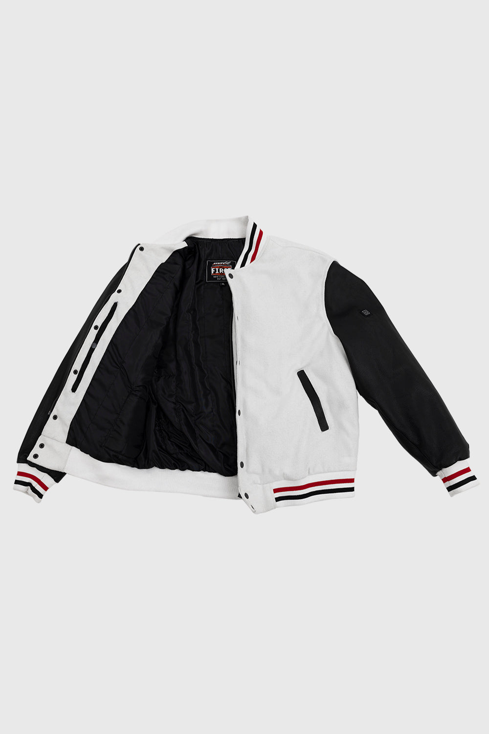 Varsity White Wool Body/Black Leather Sleeves Men's Varsity Jacket FMCo