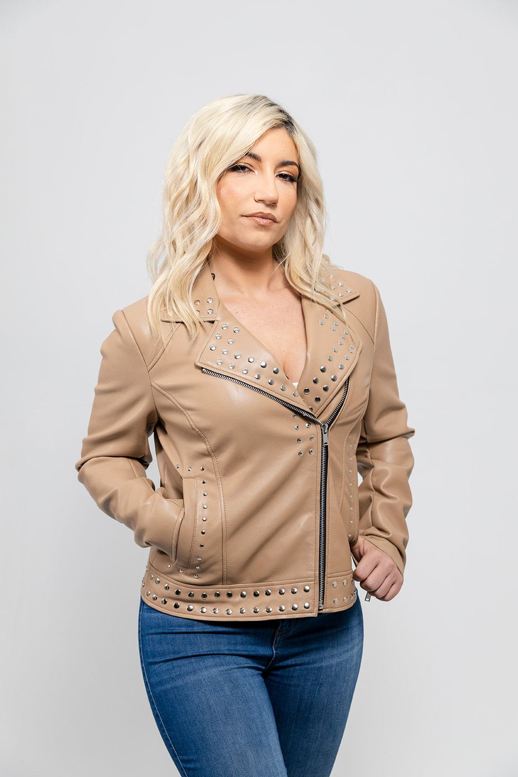 Sandy Women's Vegan Faux Leather Jacket (Beige) Women's Fashion Leather Jacket FMCo