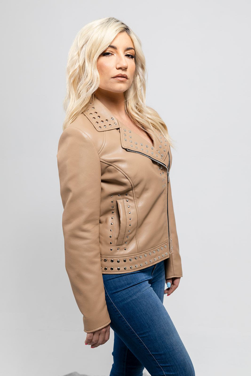 Sandy Women's Vegan Faux Leather Jacket (Beige) Women's Fashion Leather Jacket FMCo