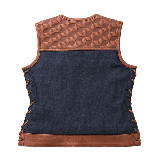 Blue Label Women's Club Style Leather/Denim Vest - Limited Edition Factory Customs First Manufacturing Company
