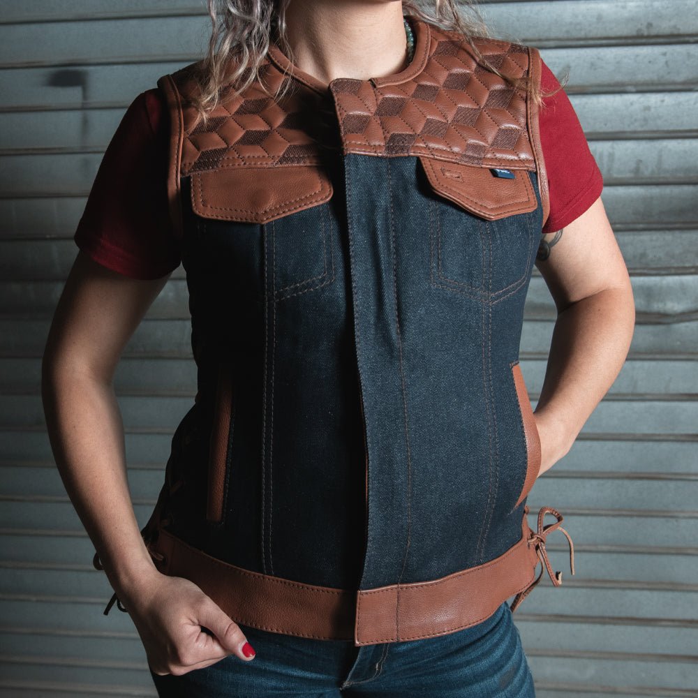 Blue Label Women's Club Style Leather/Denim Vest - Limited Edition Factory Customs First Manufacturing Company