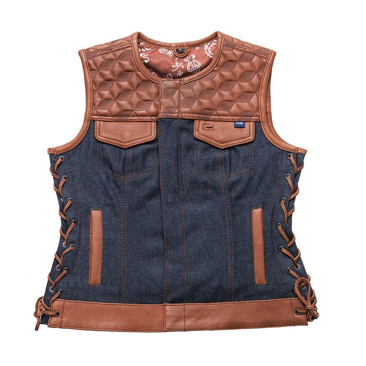 Blue Label Women's Club Style Leather/Denim Vest - Limited Edition Factory Customs First Manufacturing Company XS