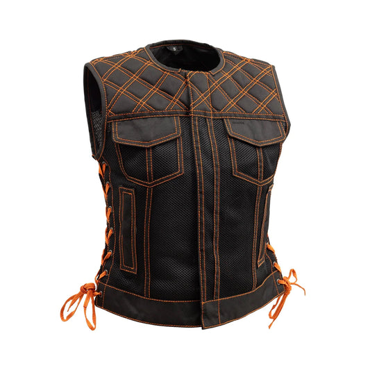 Bonnie Moto Mesh Women's Motorcycle Vest - Diamond Quilt Women's Moto Mesh Vest Vests Orange XS