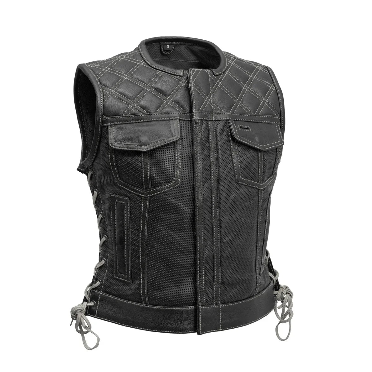 Bonnie Perforated Women's Motorcycle Leather Vest Women's Perforated Leather Vest First Manufacturing Company Black Grey XS