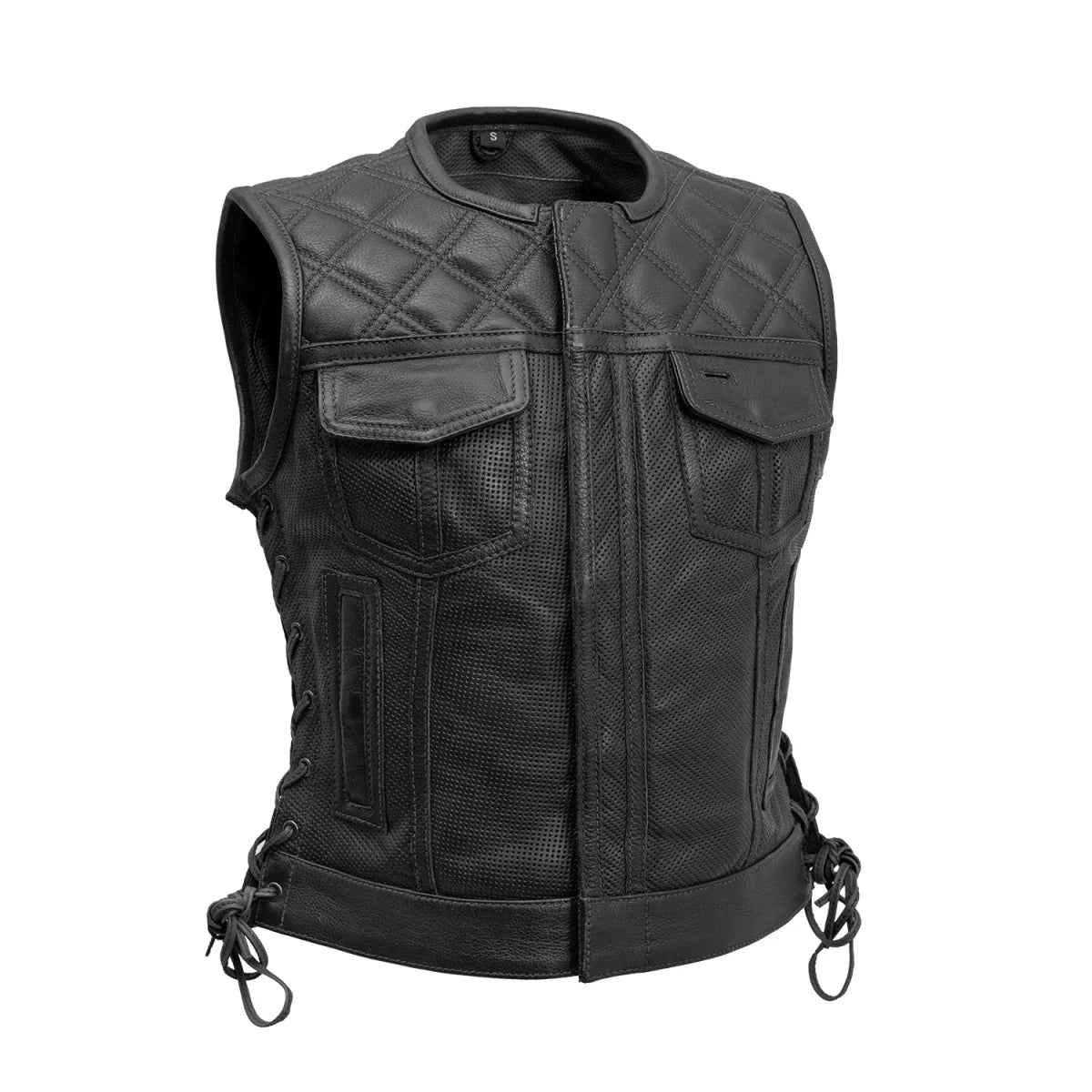 Bonnie Perforated Women's Motorcycle Leather Vest Women's Perforated Leather Vest First Manufacturing Company Black XS