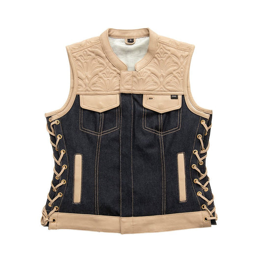 Cedar Women's Club Style Motorcycle Leather/Denim Vest - Limited Edition Factory Customs First Manufacturing Company XS