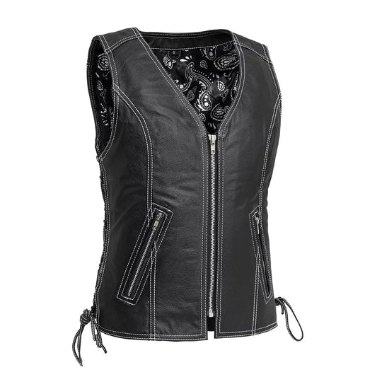 Cindy - Women's Motorcycle Leather Vest Black Women's Leather Vest Vests Black White XS