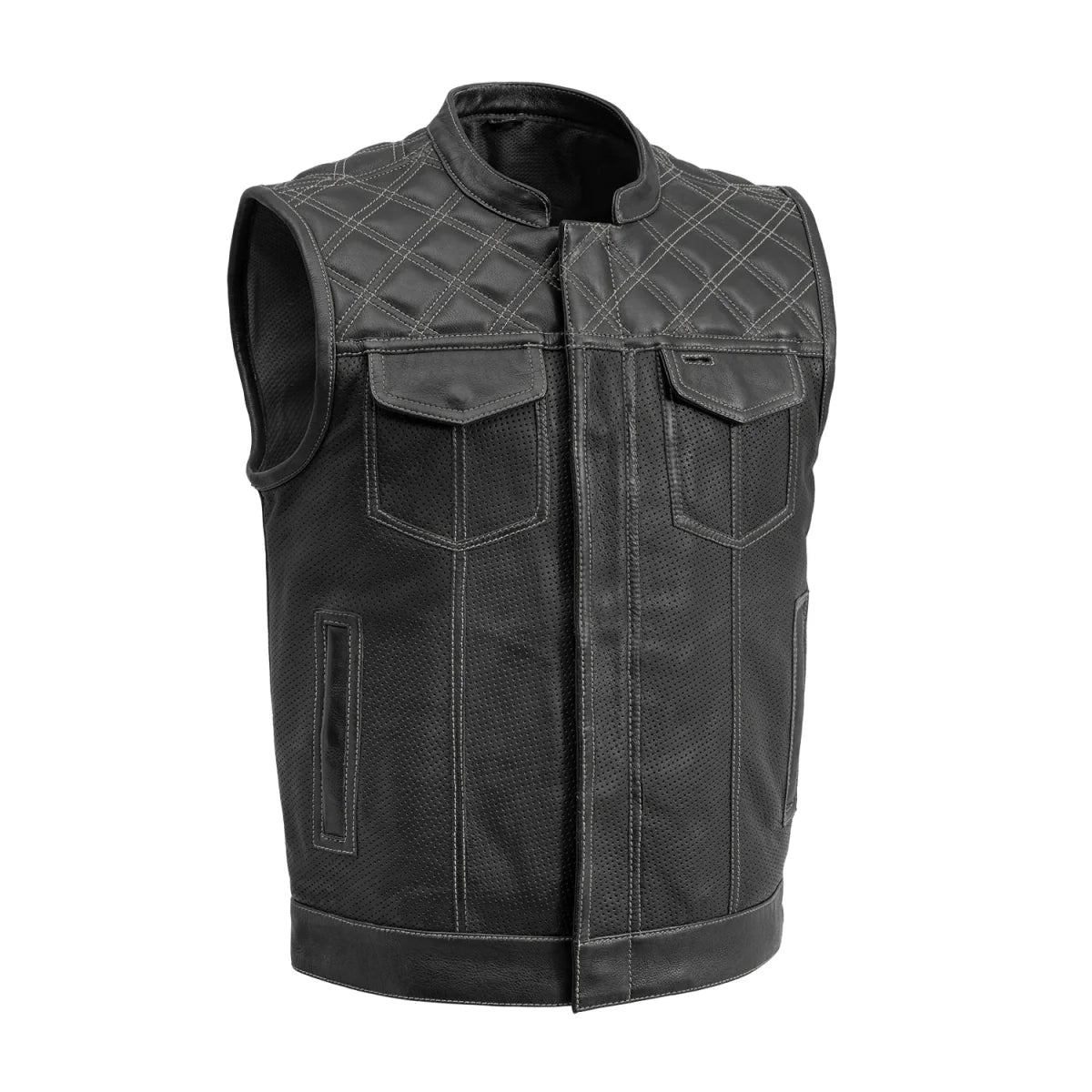 Downside Perforated Men's Motorcycle Leather Vest Men's Perforated Leather Vest First Manufacturing Company Black Grey S