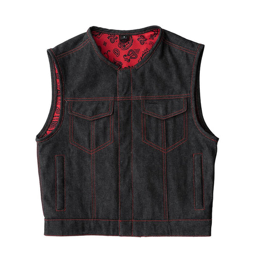 Ember Men's Motorcycle Denim Vest Men's Denim Vest Vests Black Red S