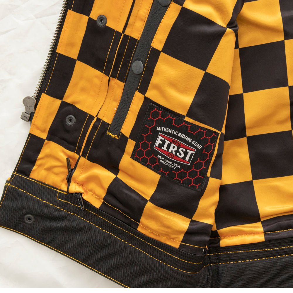 Finish Line - Gold Checker - Men's Motorcycle Leather Vest Men's Leather Vest First Manufacturing Company