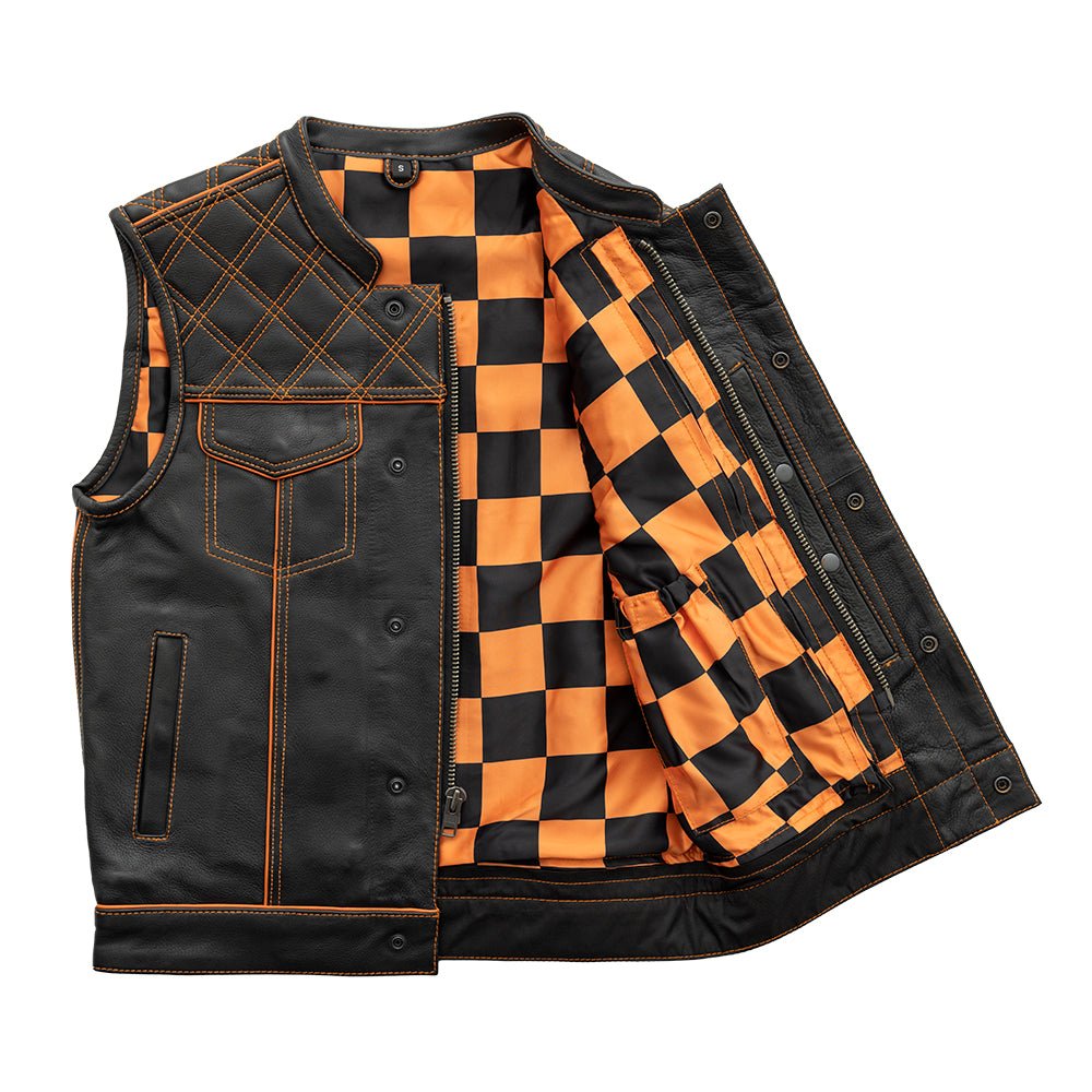 Finish Line - Orange Checker - Men's Motorcycle Leather Vest Men's Leather Vest First Manufacturing Company