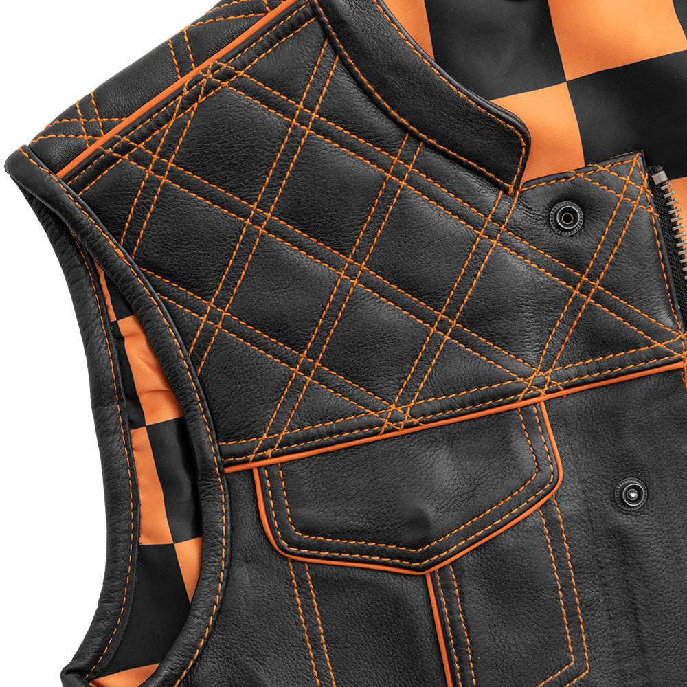 Finish Line - Orange Checker - Men's Motorcycle Leather Vest Men's Leather Vest First Manufacturing Company