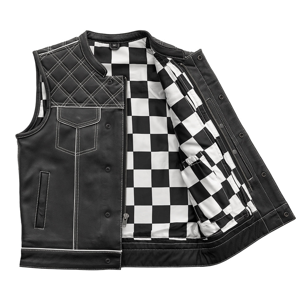 Finish Line - White Checker - Men's Motorcycle Leather Vest Men's Leather Vest First Manufacturing Company