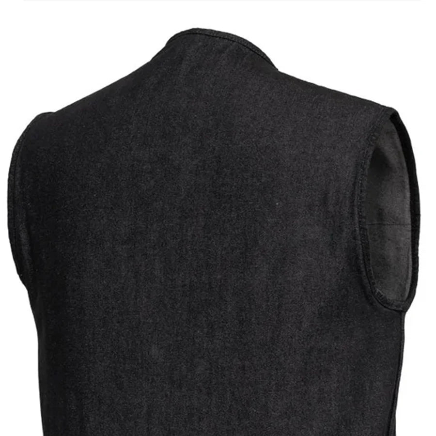 Haywood Men's Motorcycle Denim Vest - Black Men's Denim Vest First Manufacturing Company