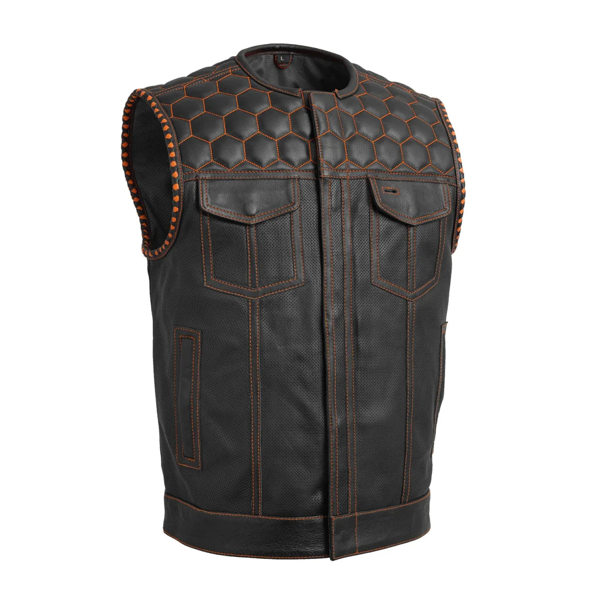 Hornet Perforated Men's Club Style Leather Vest Men's Perforated Leather Vest First Manufacturing Company Black Orange S