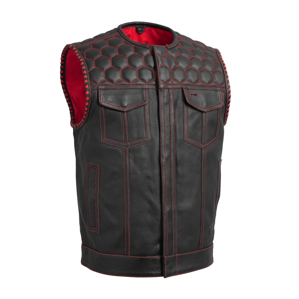 Hornet Perforated Men's Club Style Leather Vest Men's Perforated Leather Vest Vests Black Red S