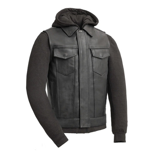Kent Men's Motorcycle Leather Vest and Hoodie Black and Grey Men's Hoodie First Manufacturing Company