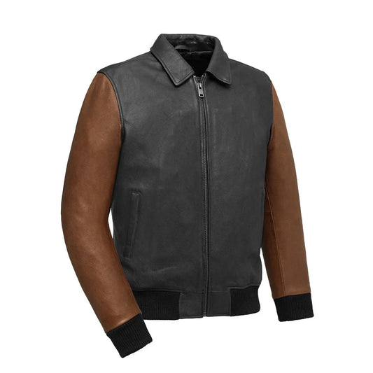 Moto Bomber Two Tone - Men's Leather Jacket Cognac Men's Leather Jacket Jackets Black Cognac S