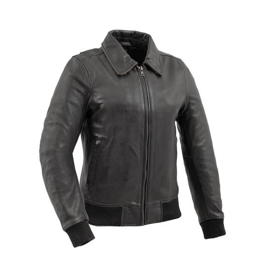 Nancy - Women's Moto Bomber Leather Jacket Women's Bomber Jacket First Manufacturing Company Black Cognac XS