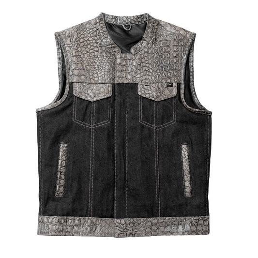 Placid - Men's Leather/Denim Motorcycle Vest - Limited Edition Factory Customs First Manufacturing Company S