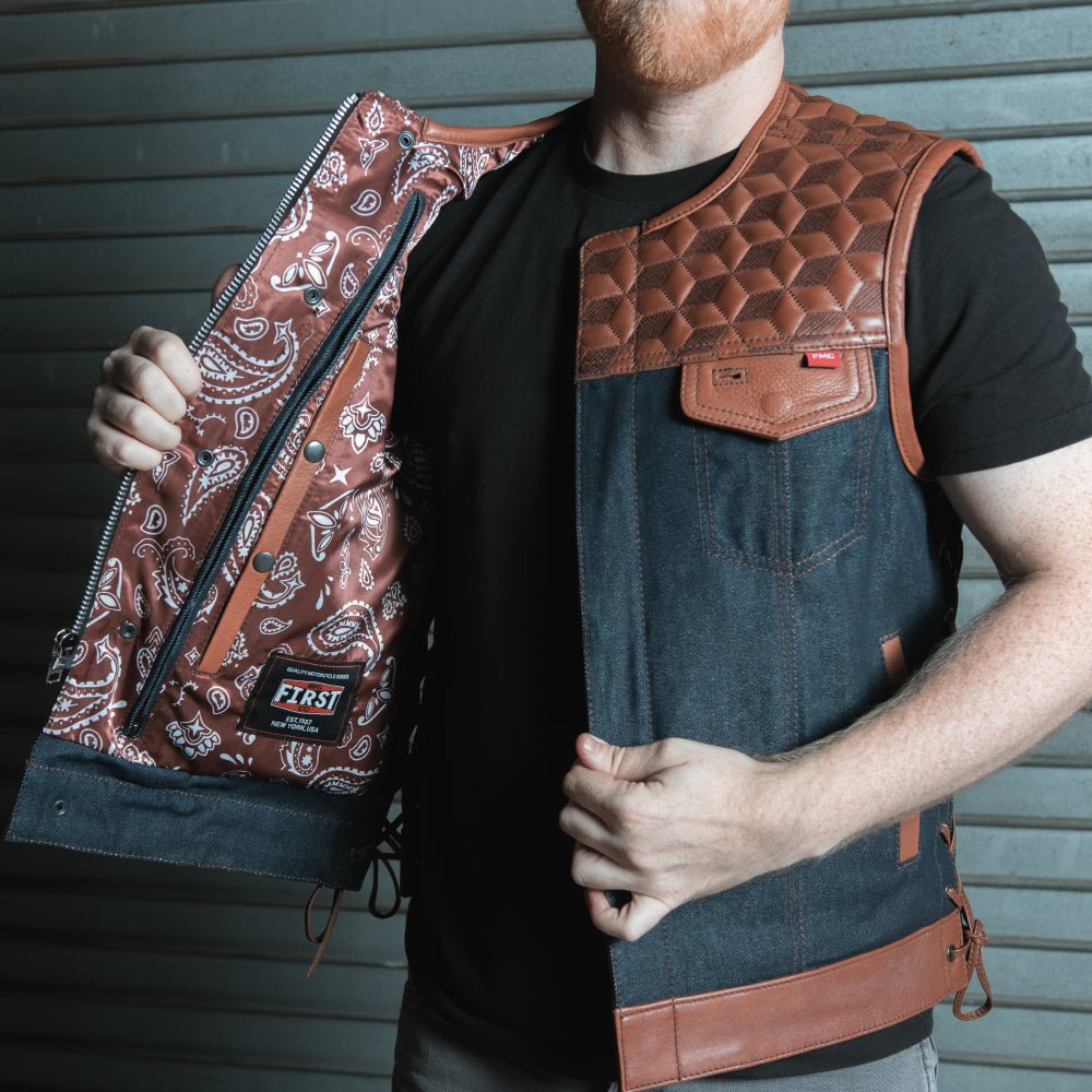 Red Label - Men's Club Style Leather/Denim Motorcycle Vest - Limited Edition Factory Customs First Manufacturing Company