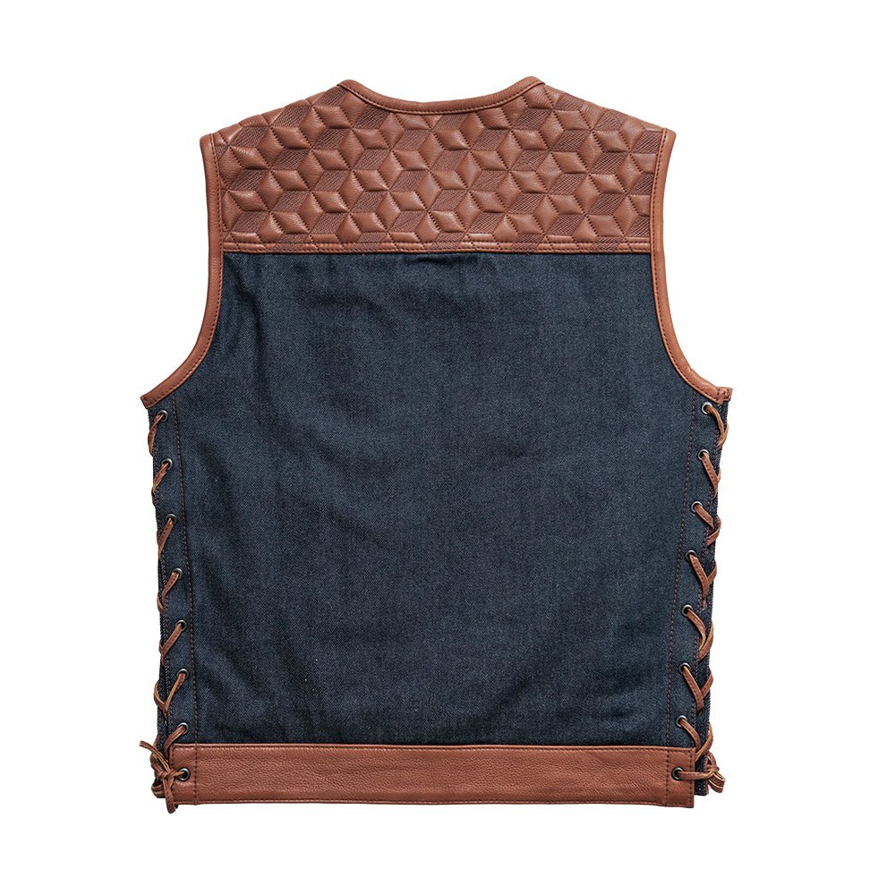 Red Label - Men's Club Style Leather/Denim Motorcycle Vest - Limited Edition Factory Customs First Manufacturing Company