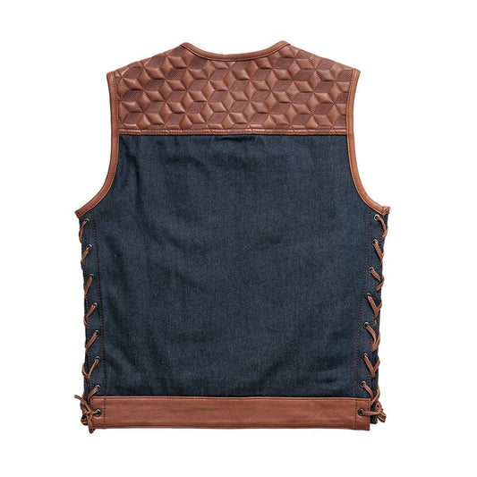 Red Label  - Men's Club Style Leather/Denim Motorcycle Vest - Limited Edition Factory Customs First Manufacturing Company
