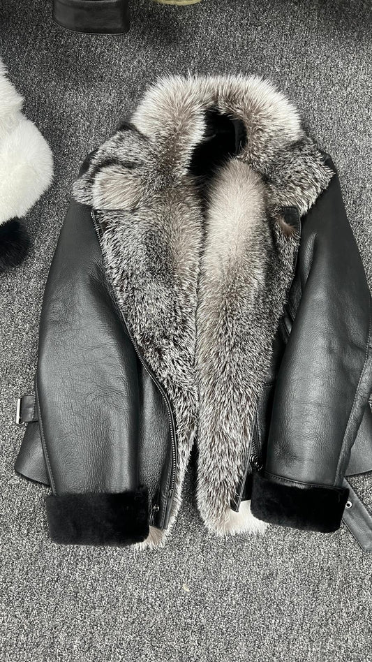 Women's Sheepskin Asymmetrical Fox Fur Jacket