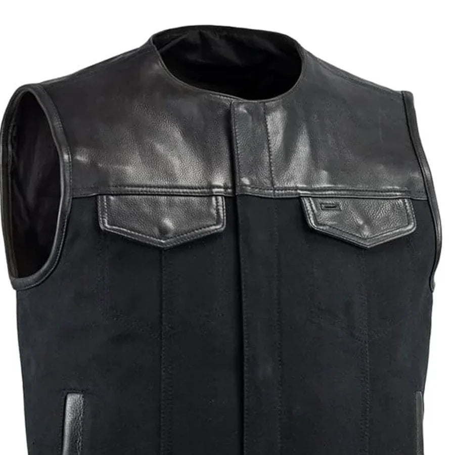 49/51 - No Collar Men's Leather/Canvas Motorcycle Vest Men's Canvas Vests First Manufacturing Company