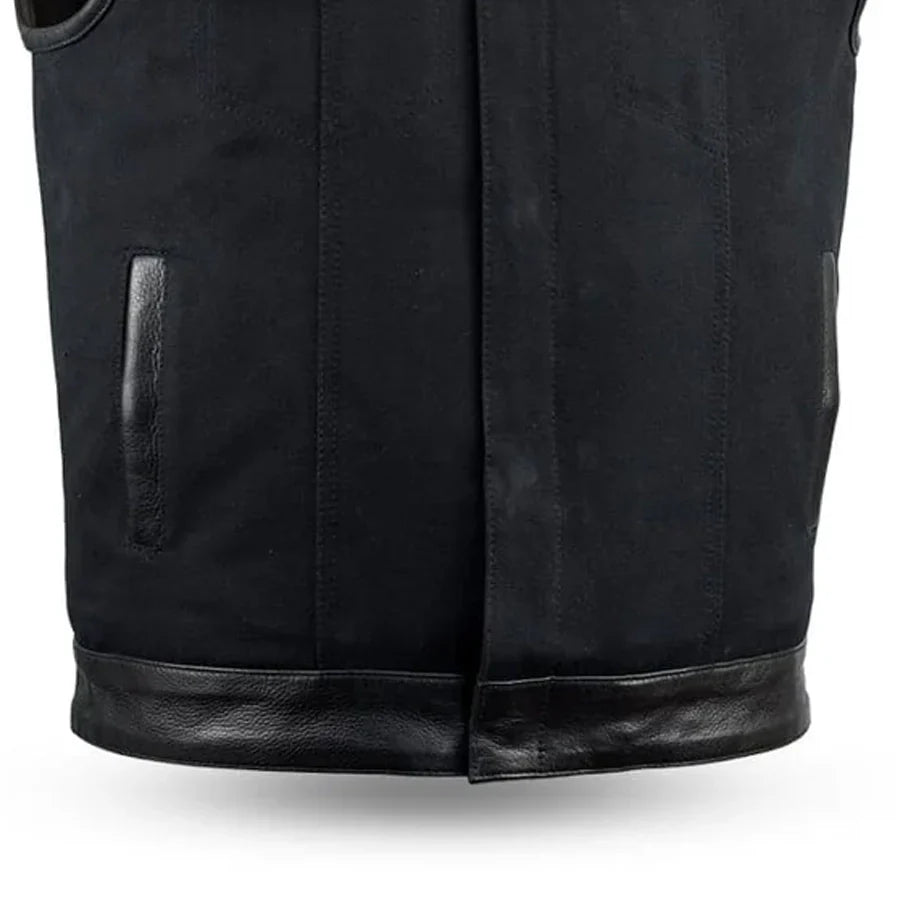 49/51 - No Collar Men's Leather/Canvas Motorcycle Vest Men's Canvas Vests First Manufacturing Company