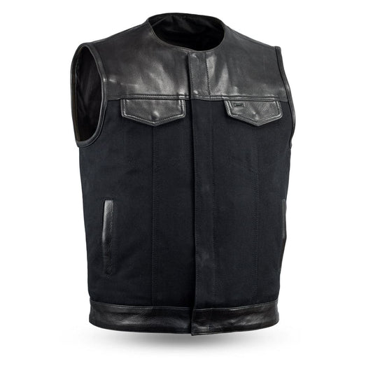 49/51 - No Collar Men's Leather/Canvas Motorcycle Vest Men's Canvas Vests First Manufacturing Company Black S