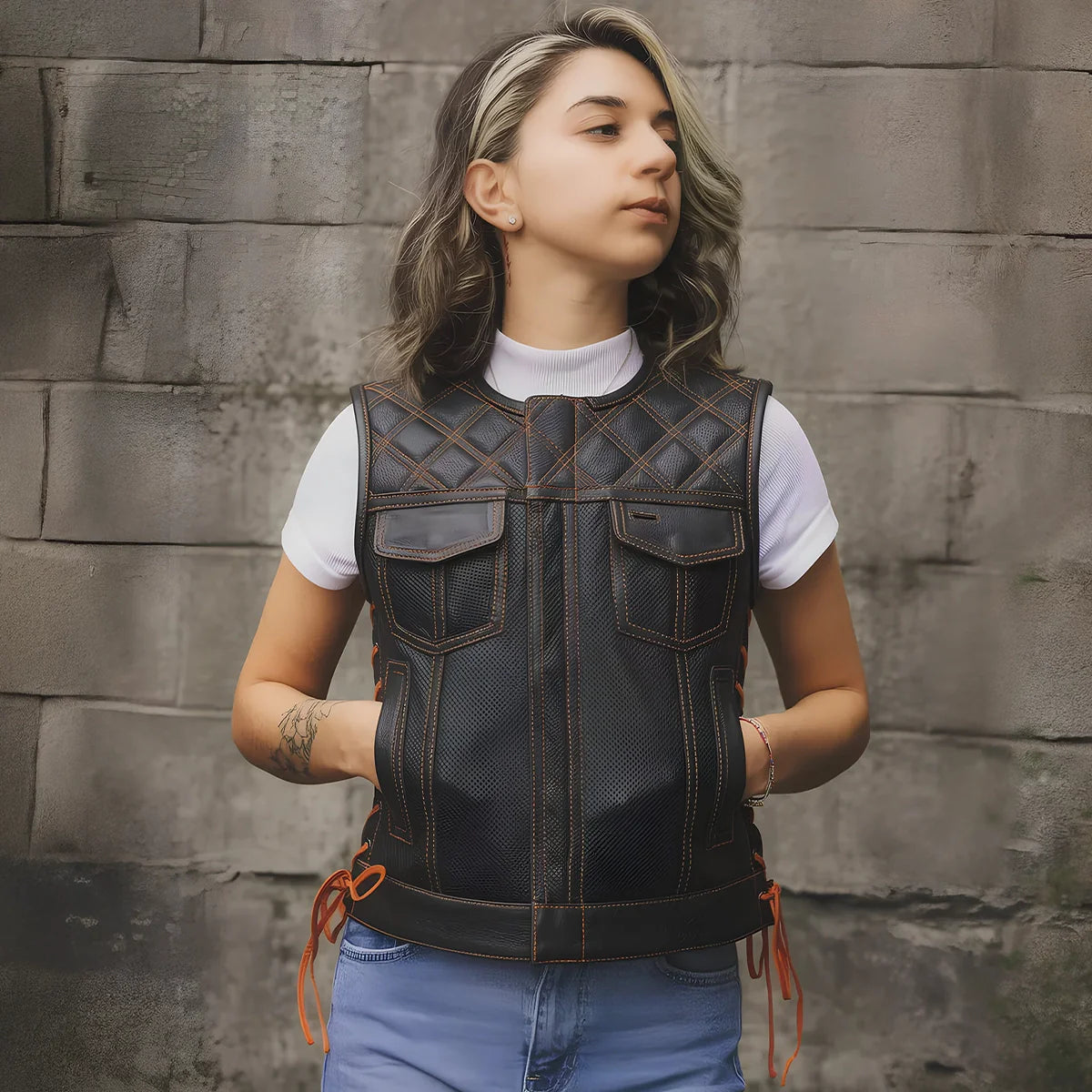 Bonnie Perforated Women's Motorcycle Leather Vest Orange and Grey Women's Perforated Leather Vest Vests