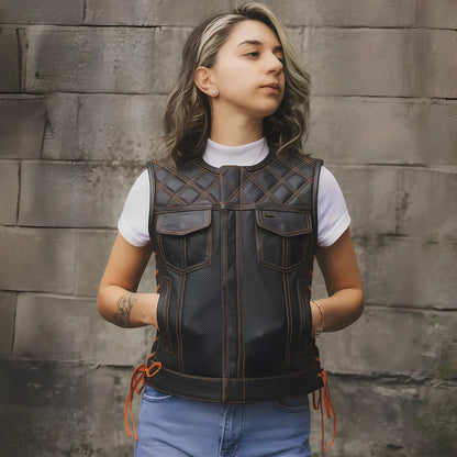 Bonnie Perforated Women's Motorcycle Leather Vest Orange and Grey Women's Perforated Leather Vest Vests