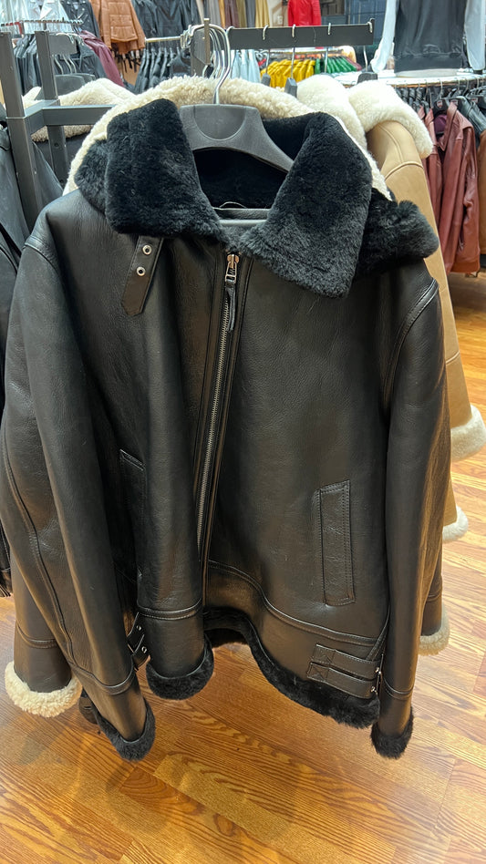 Men's Black Sheepskin Center Zipper with Hood Jacket