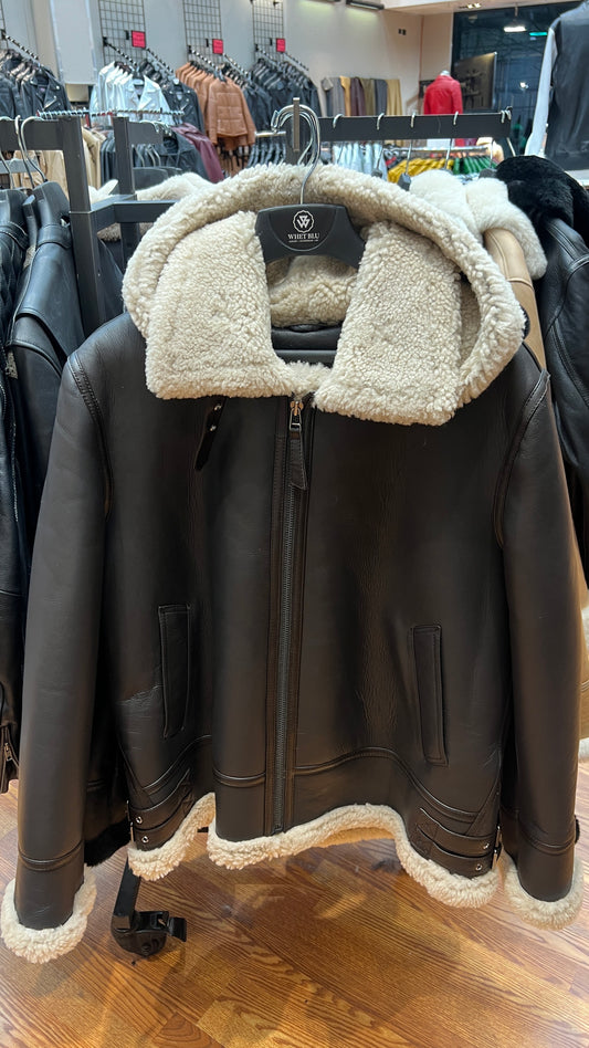 Men's Brown Sheepskin Center Zipper with Hood Jacket