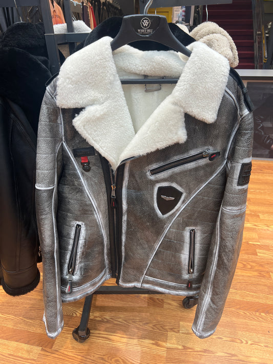 Men's Gray White Sheepskin MC Jacket