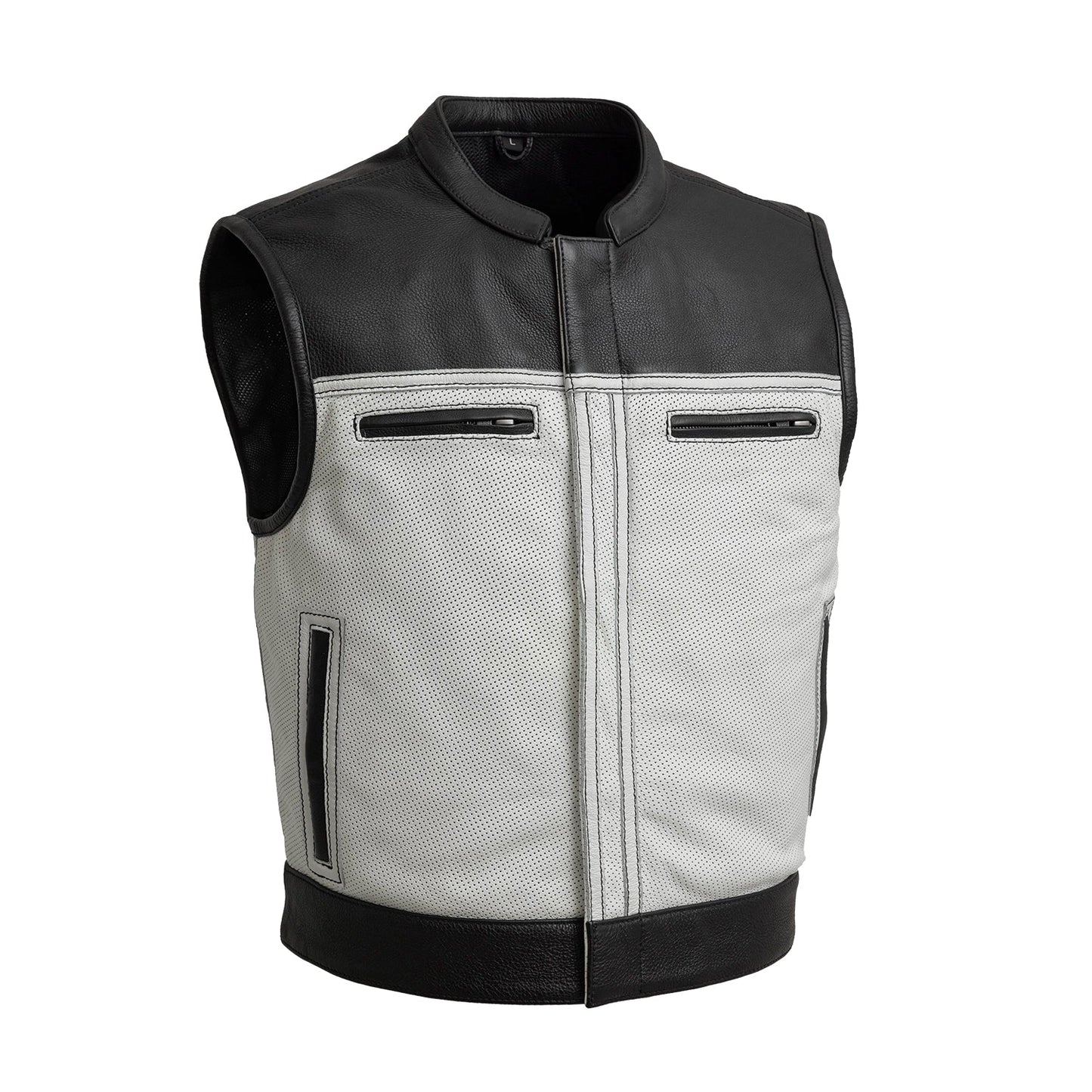 Two Tone Lowrider Perforated Men's Leather Vest Men's Perforated Leather Vest First Manufacturing Company Black White S