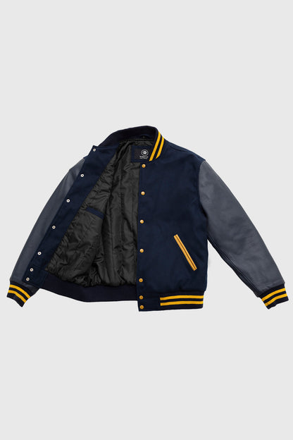 Varsity Navy Blue Wool Body/ Navy Leather Sleeves Men's Varsity Jacket FMCo   