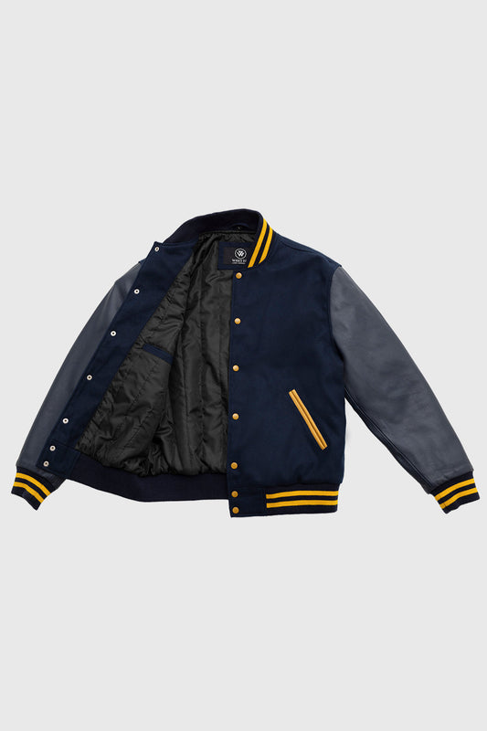 Varsity Navy Blue Wool Body/ Navy Leather Sleeves Men's Varsity Jacket FMCo   