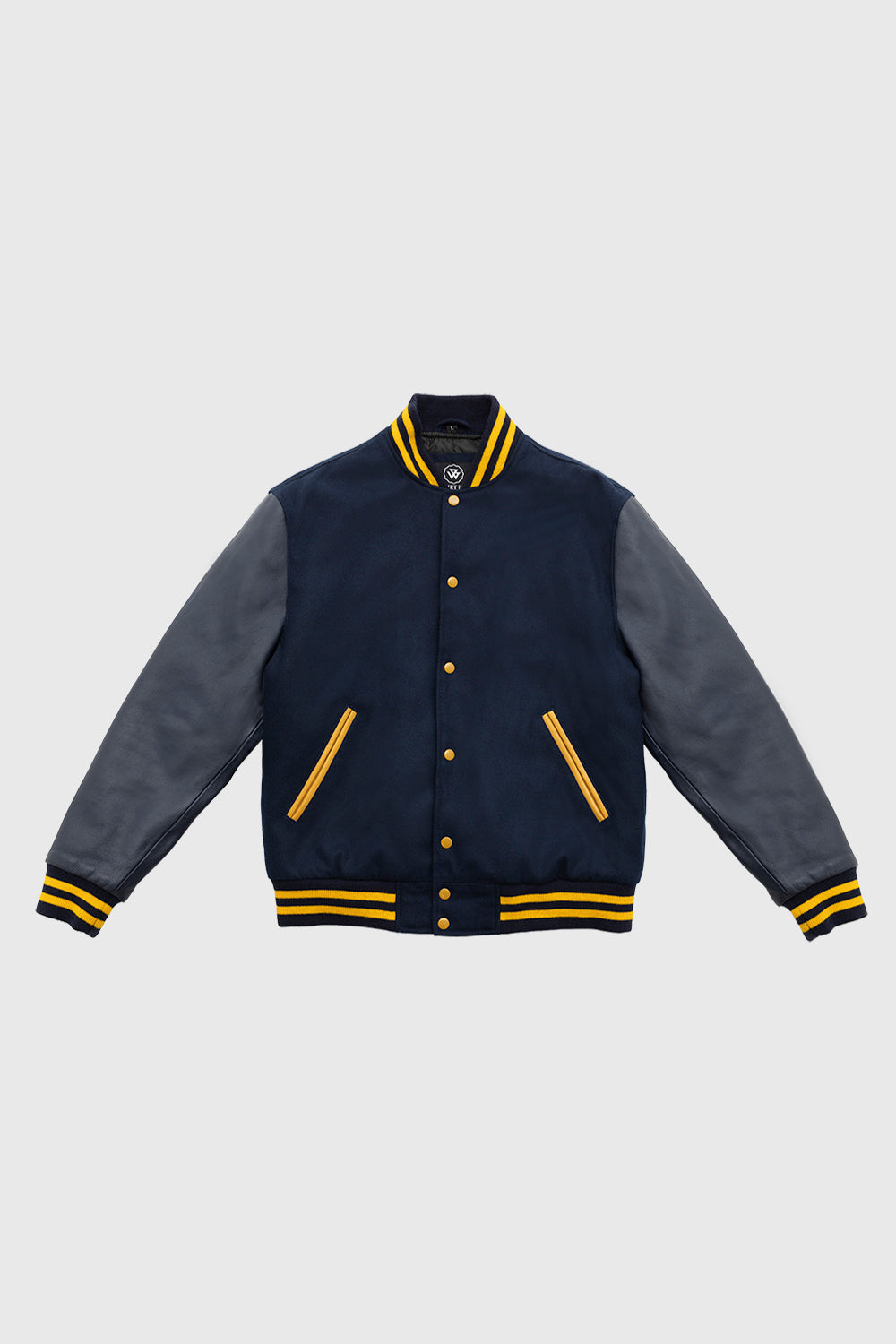 Varsity Navy Blue Wool Body/ Navy Leather Sleeves Men's Varsity Jacket FMCo XXS NAVY BLUE / GOLD 