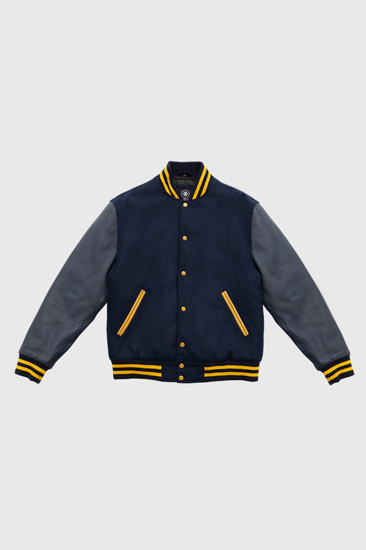 Varsity Navy Blue Wool Body/ Navy Leather Sleeves Men's Varsity Jacket FMCo XXS NAVY BLUE / GOLD 