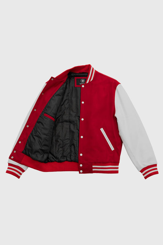 Varsity Red Wool Body/ White Leather Sleeves Men's Varsity Jacket FMCo   