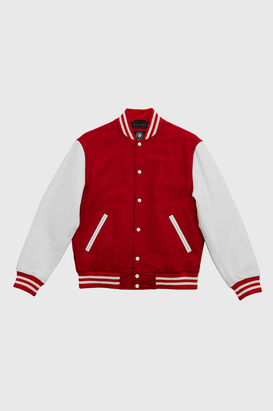Varsity Red Wool Body/ White Leather Sleeves Men's Varsity Jacket FMCo XXS RED / WHITE 