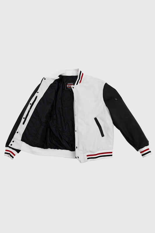 Varsity White Wool Body/Black Leather Sleeves Men's Varsity Jacket FMCo   