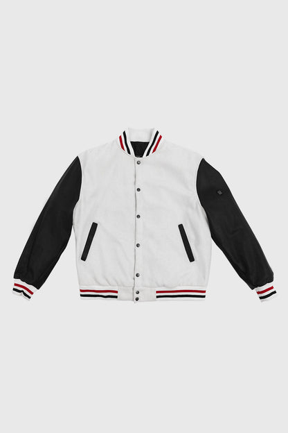 Varsity White Wool Body/Black Leather Sleeves Men's Varsity Jacket FMCo S Black 