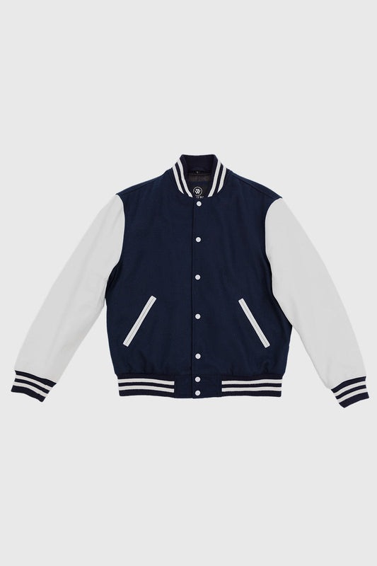 Varsity Navy Blue Wool Body/White Leather Sleeves Men's Varsity Jacket FMCo XXS Black 