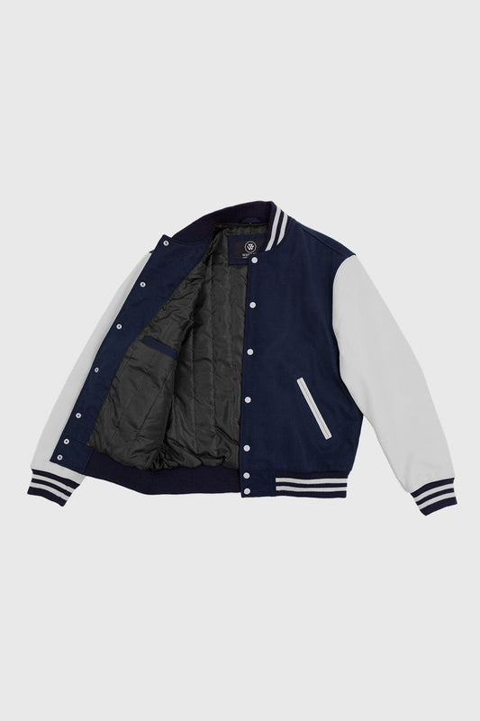 Varsity Navy Blue Wool Body/White Leather Sleeves Men's Varsity Jacket FMCo   